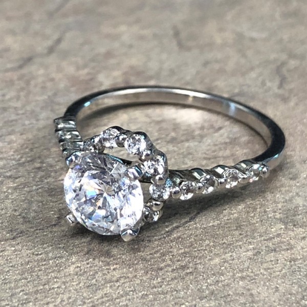 14K White Gold Single Prong Halo Engagement Ring